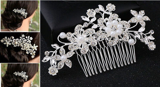 Wedding Hair Accessories/Hair Comb/Flower-Wedding-Hair-Comb-Pins-Crystal-Diamante-Pearls